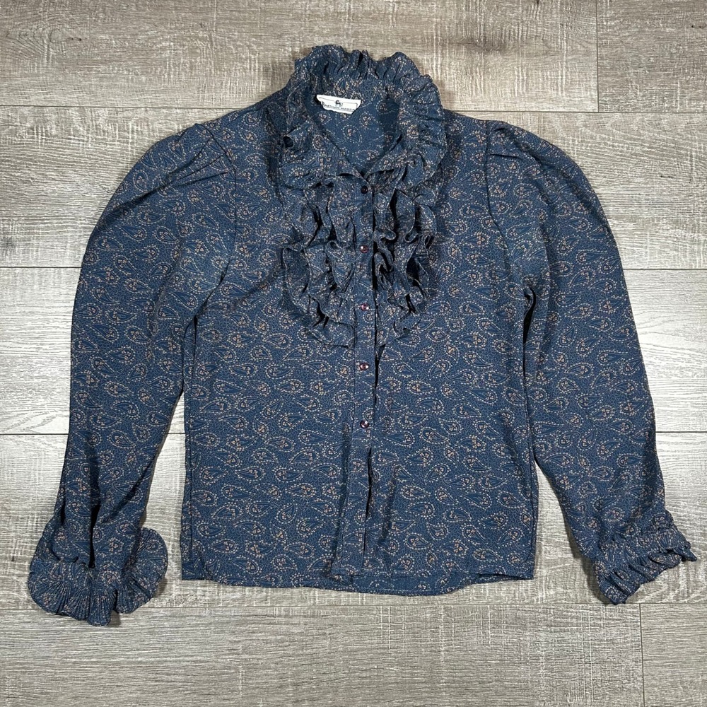 Vintage Jonathan Martin Navy Paisley Ruffle Jabot Blouse Long Sleeve Top